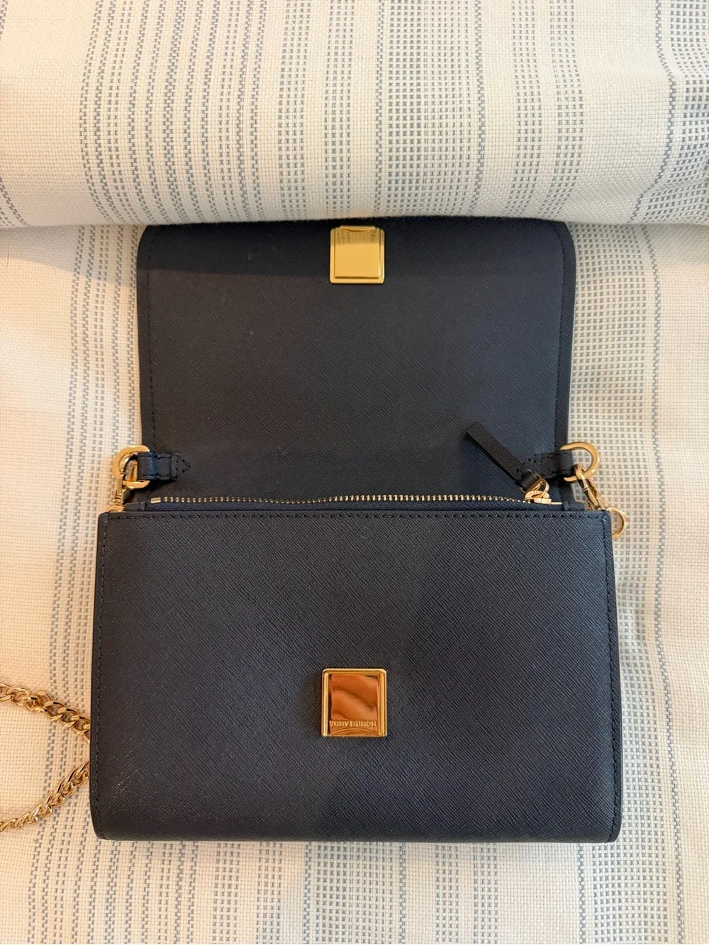 Tory Burch Navy Saffiano Crossbody with Gold Chain
